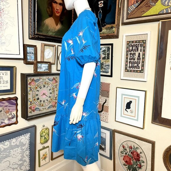 80s Vintage Royal Palm Blue and Purple Bird of Paradise Hawaiian Floral Dress S - Picture 2 of 5
